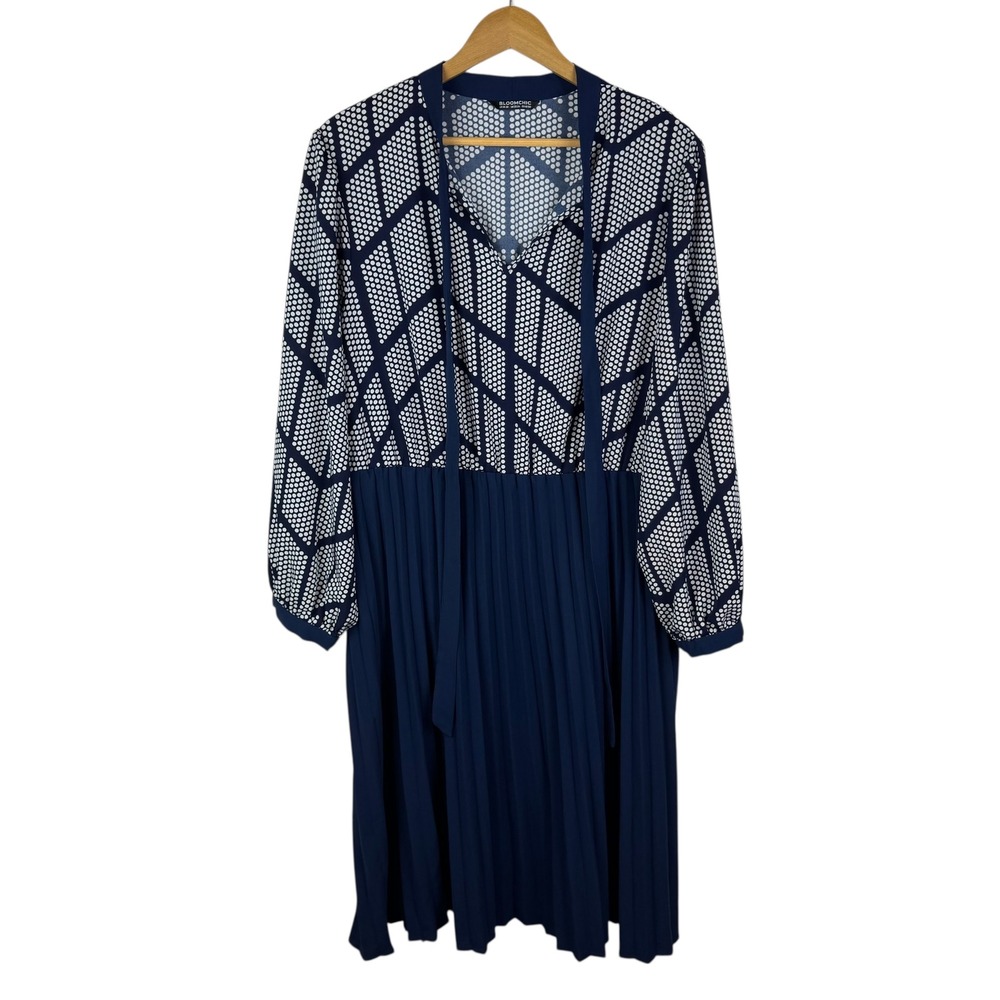 Bloomchic Pleated‎ Geometric Print Midi Dress Size 18/20 Navy Flowy Modest Mod